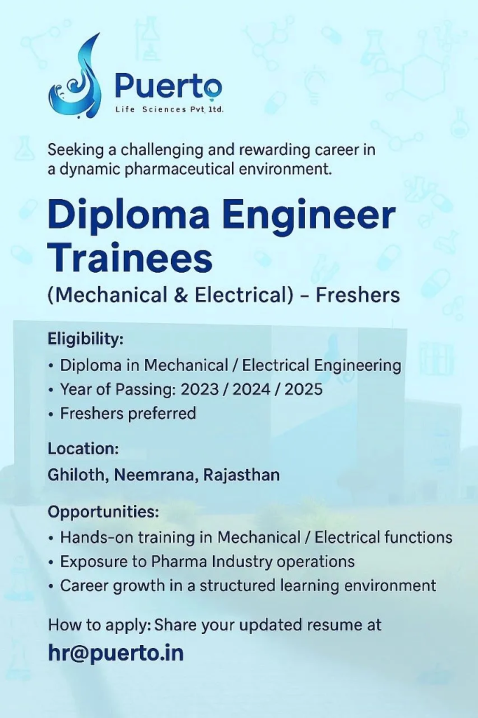 Puerto Life Sciences is Hiring Diploma Fresher Trainees in Rajasthan!