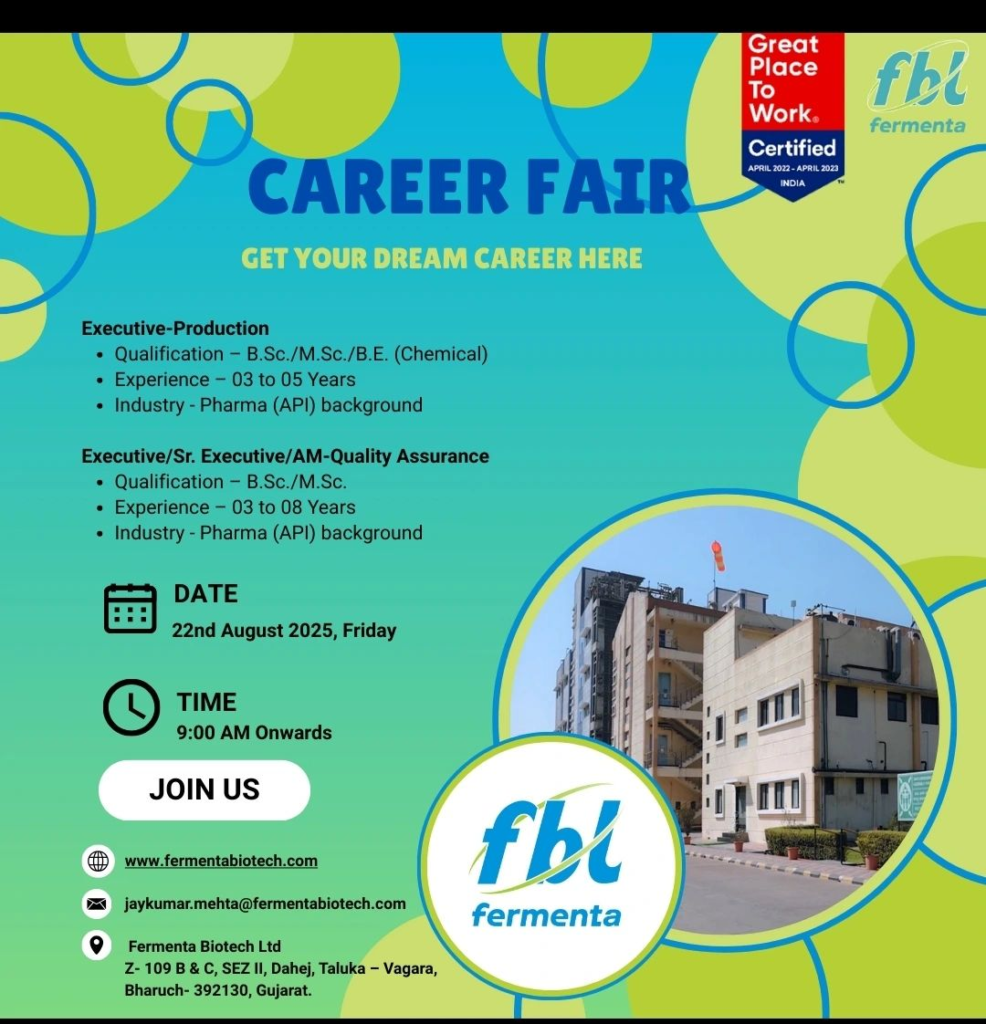 Fermenta Biotech Ltd (FBL) Walk in Interview for Executive, Sr. Executive and AM in Production, Quality Assurance Department on 22nd August
