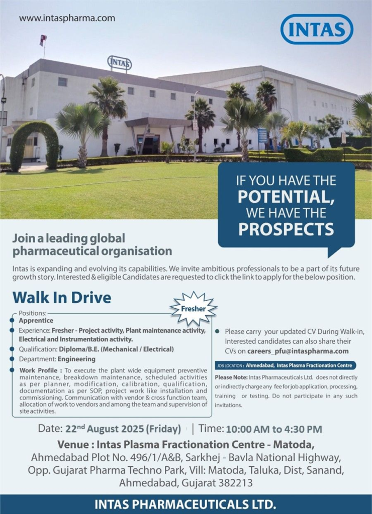 Intas Pharmaceuticals Walk-In Drive for Engineering Graduates in Ahmedabad on 22nd August
