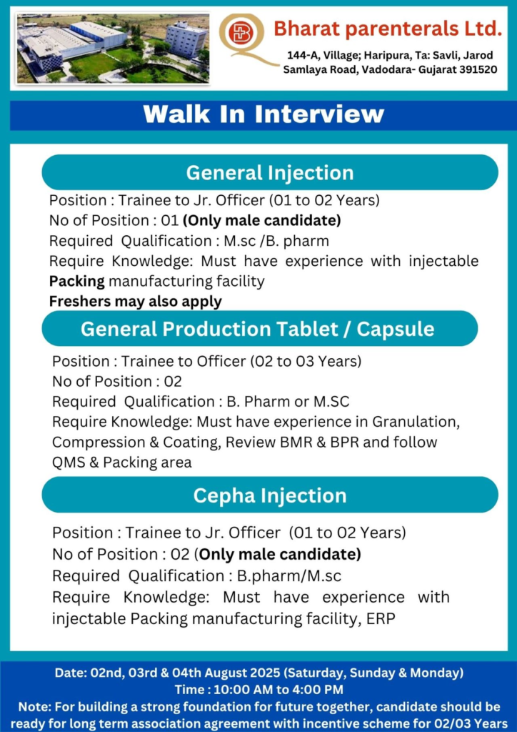 Bharat Parenterals Ltd. - Walk-In Interviews on 2nd, 3rd, & 4th August 2025