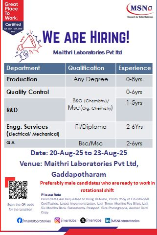 Maithri Laboratories Walk-in Drive for Freshers & Experienced Candidates from 20th to 23rd August 2025
