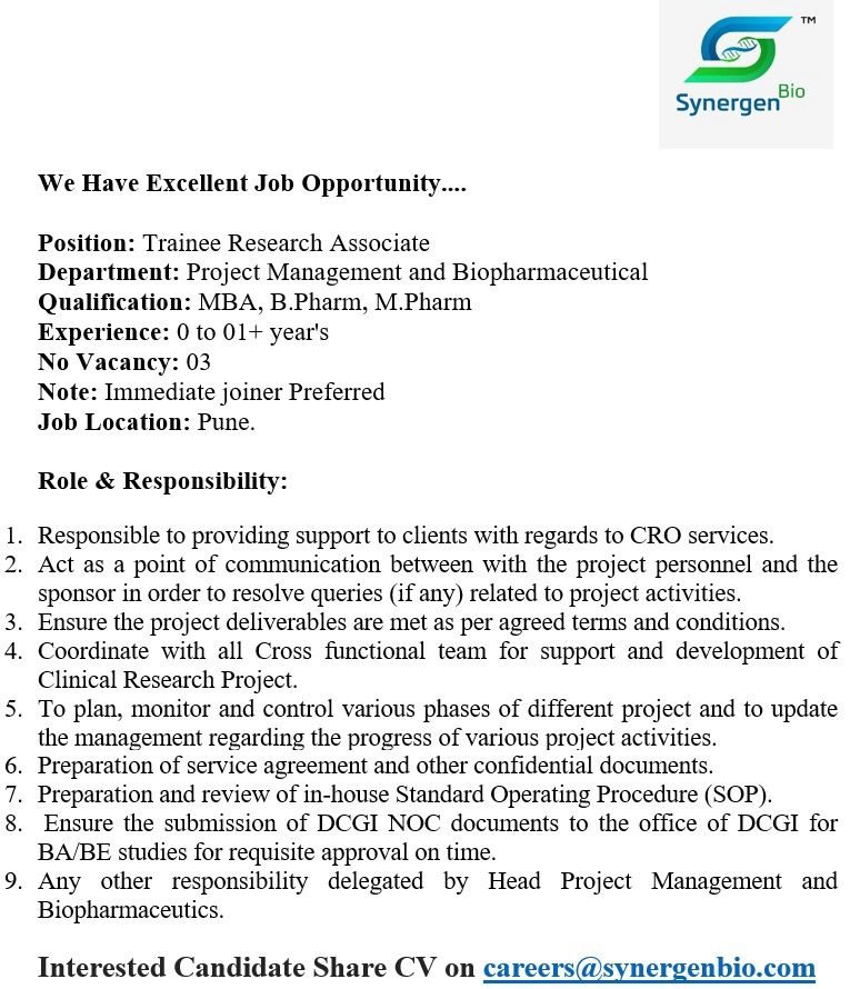 Synergen Bio Hiring Freshers - Trainee Research Associate
