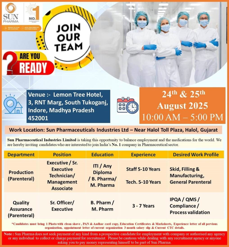 Sun Pharma Walk-In Interview in Indore on August 24-25, 2025
