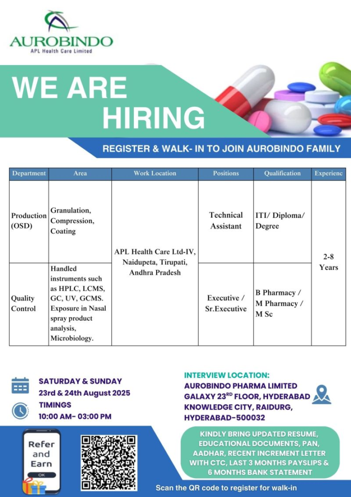 Aurobindo Pharma Walk-In Interview for ITI, Diploma, Any Degree, B.Pharmacy, M.Pharmacy, M.Sc Candidates on August 23-24, 2025