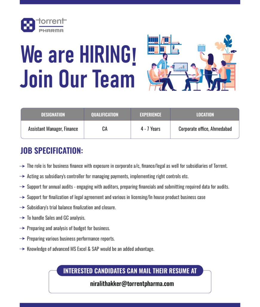 Torrent Pharma Hiring CA for Assistant Manager, Finance Role in Ahmedabad