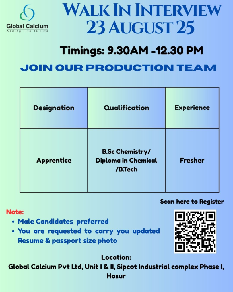 Global Calcium Walk-In Drive for Freshers in Hosur on August 23, 2025