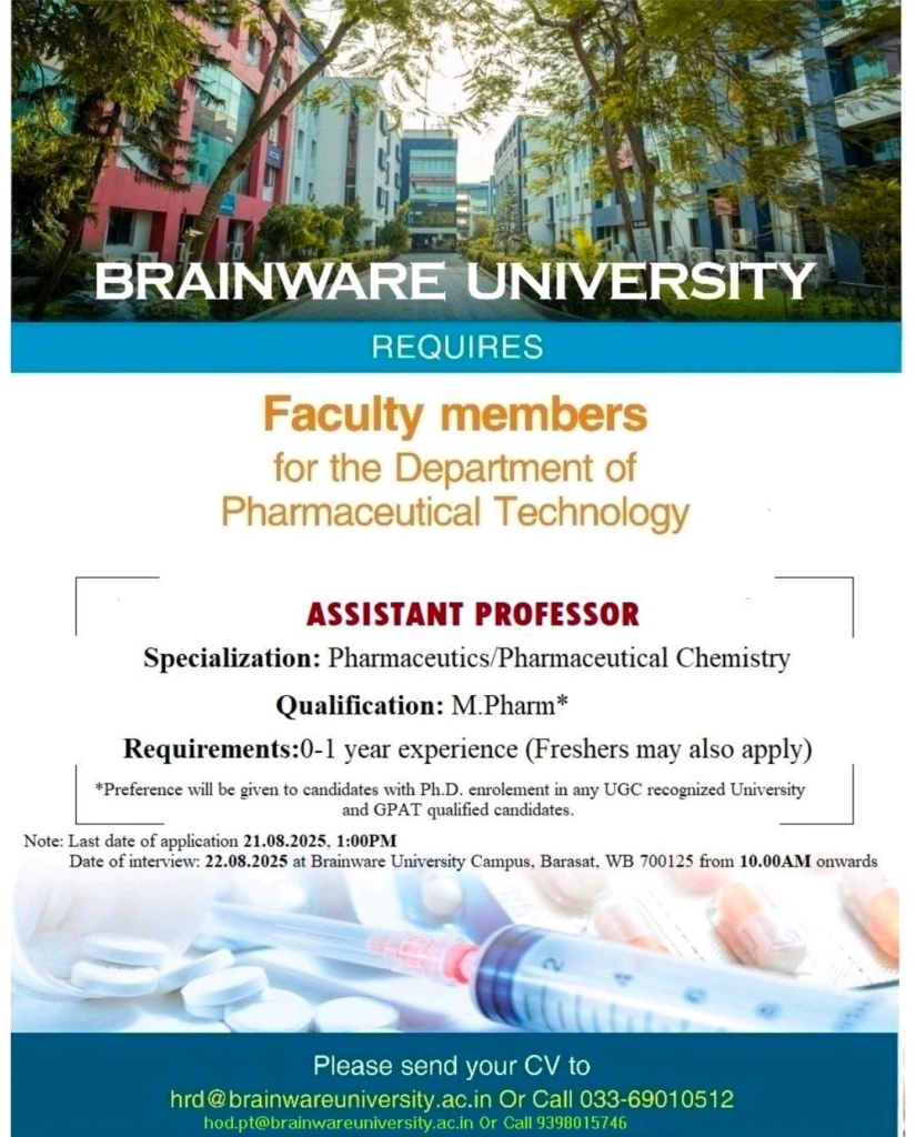 Brainware University Hiring Freshers for Assistant Professor in Pharmaceutical Technology