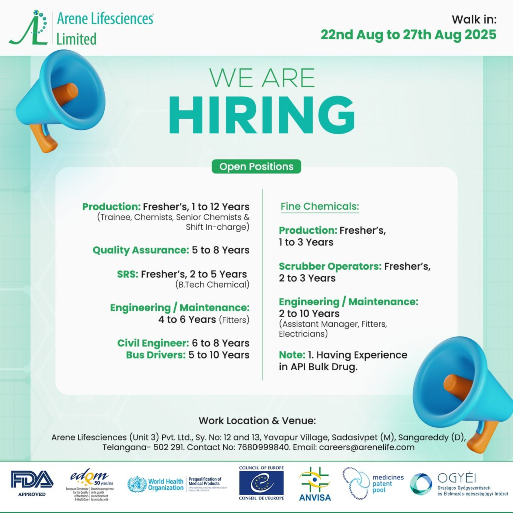 Arene Lifesciences Limited Walk-In Interview – 22nd to 27th August 2025