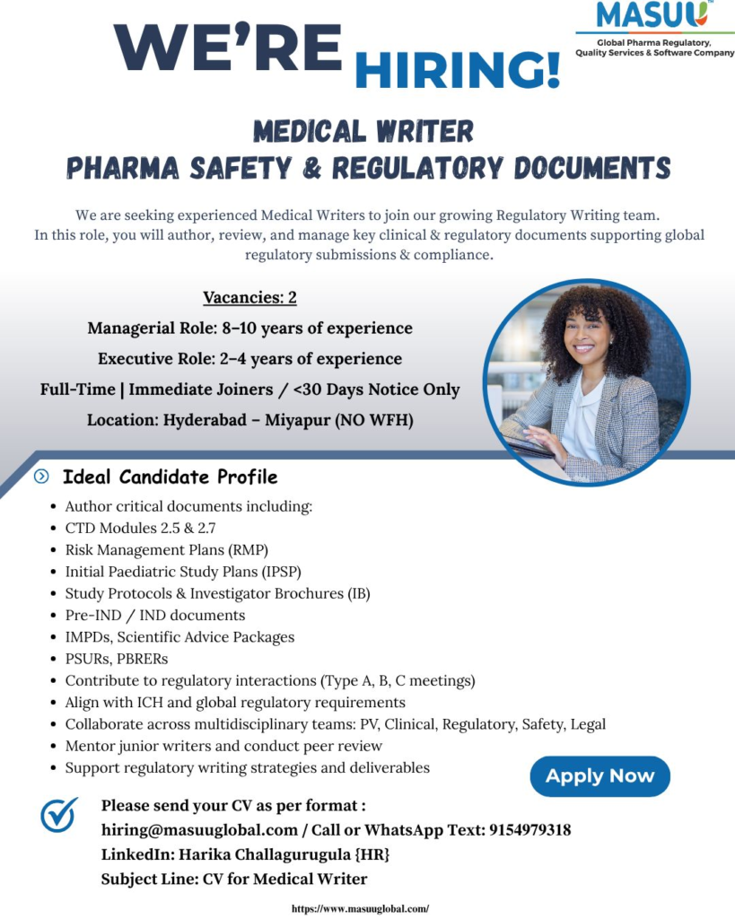 MASUU Global Careers – Hiring Medical Writer – Regulatory Writing