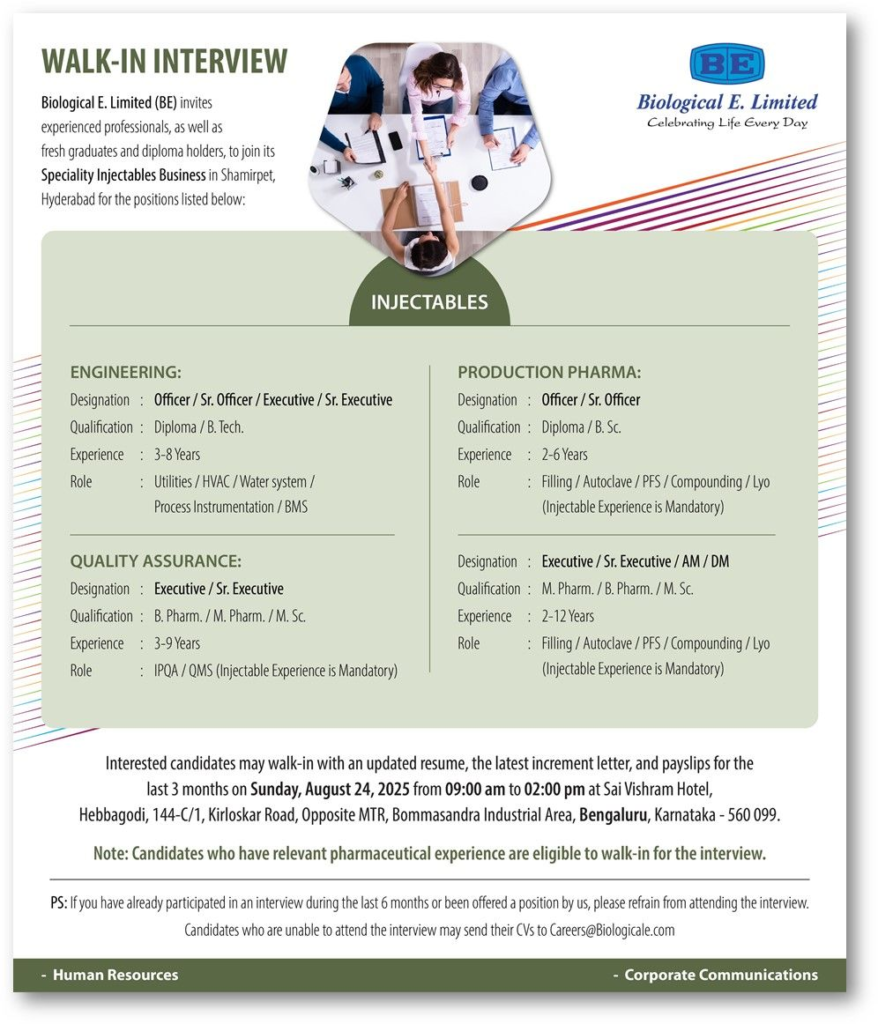 Biological E. Limited Careers – Walk-In Interview on 24th August 2025