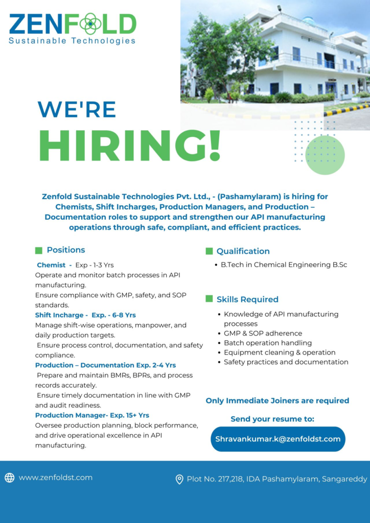 Zenfold Sustainable Technologies - Hiring A Chemist & Production Manager in API Manufacturing