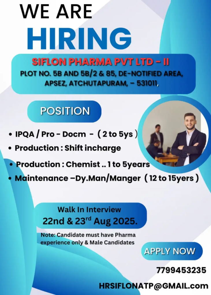 Siflon Pharma Walk-in Interview for Multiple Roles on 22nd & 23rd August 2025