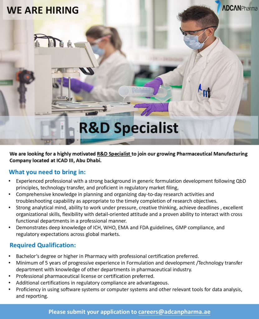 ADCAN Pharma Hiring – R&D Specialist in Abu Dhabi
