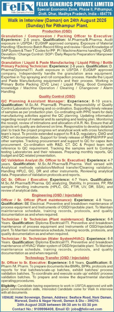 Felix Generics – Walk-in Interview for Multiple Roles in Pithampur Plant (24th August 2025)