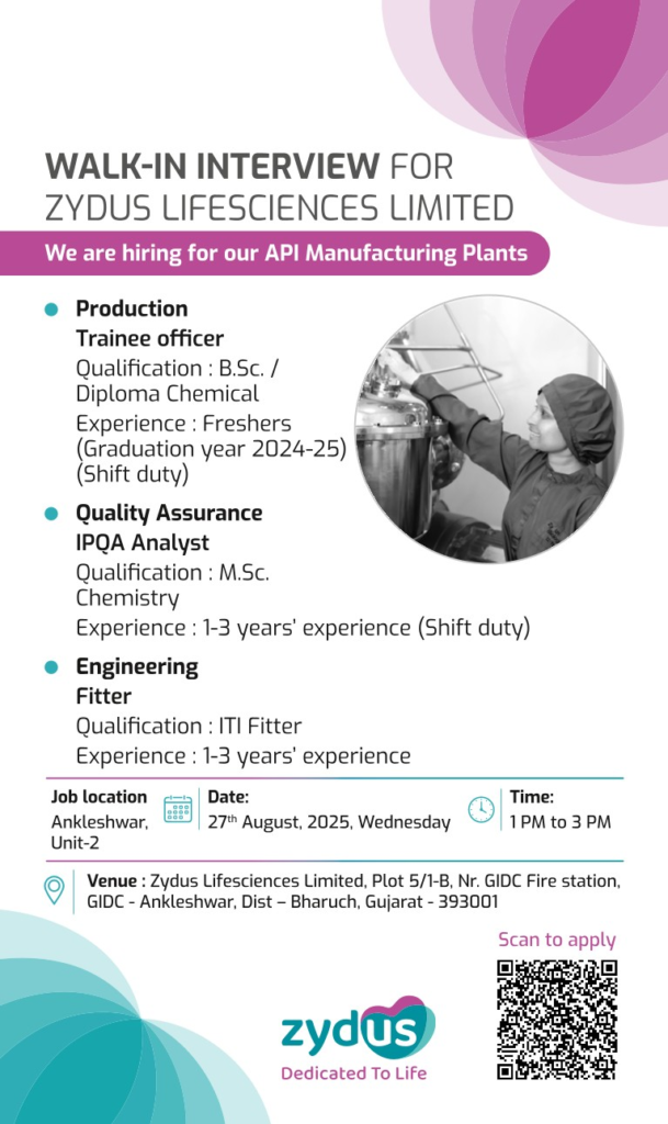 Walk-in Interview at Zydus Lifesciences - Hiring Freshers on 27th August 2025