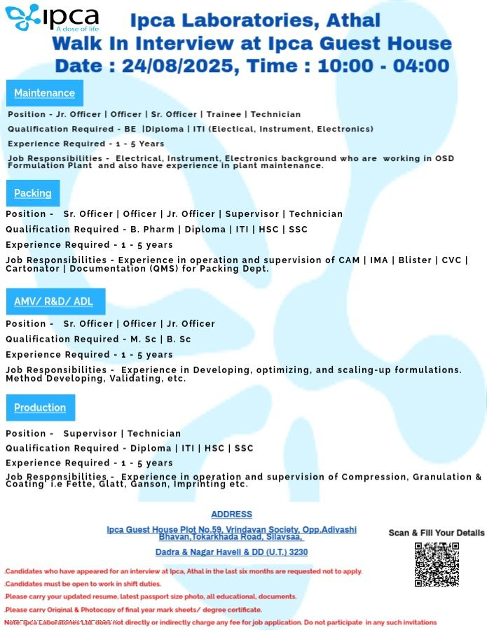 Ipca Laboratories Walk-in Interview for Various Roles on 24th August