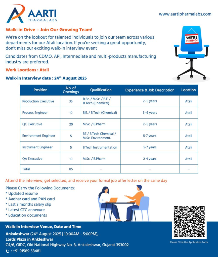 Aarti Pharmalabs Announces Massive Walk-in Drive in Ankleshwar