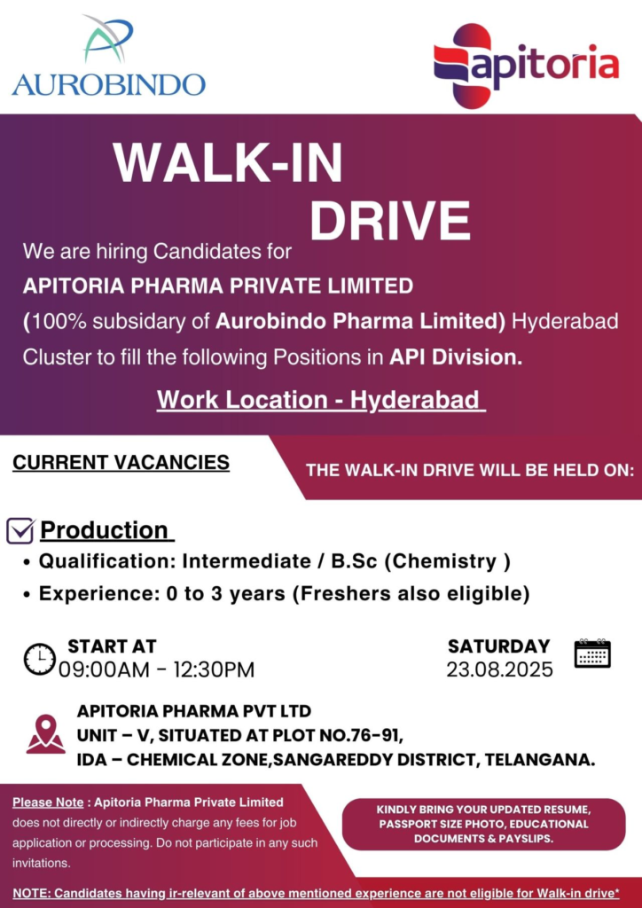 Apitoria Pharma (Aurobindo Subsidiary) Walk-In Drive for Production Roles on 23rd August