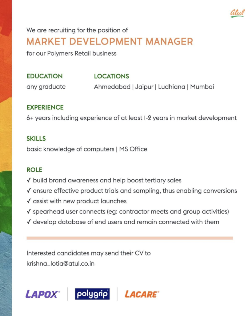 Atul Ltd. Hiring for Market Development Manager for Polymers Retail