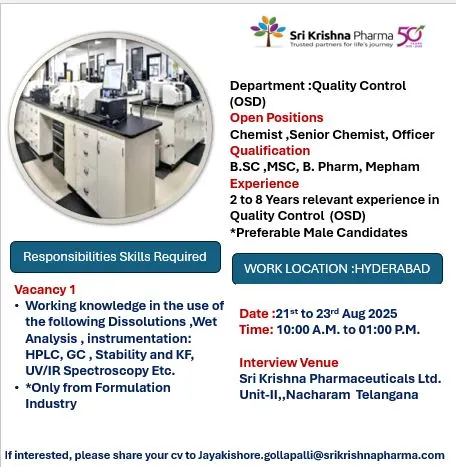Sri Krishna Pharma Hiring for Quality Control (OSD) in Hyderabad