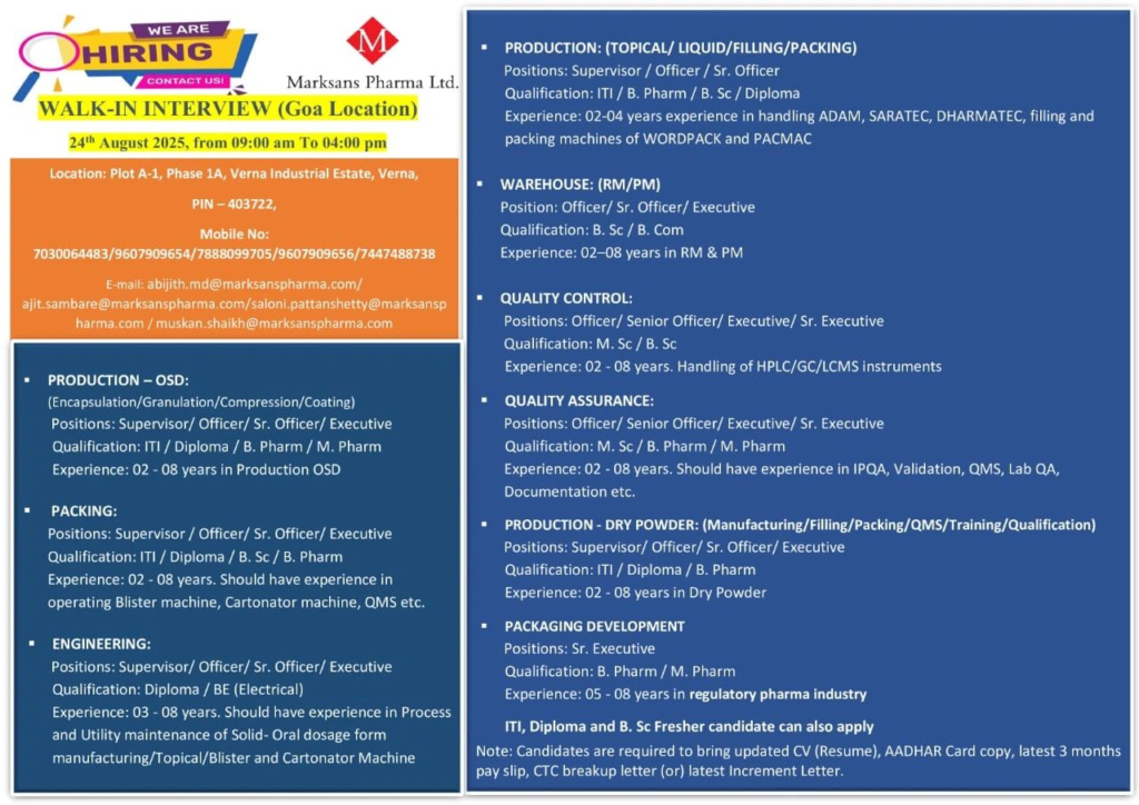 Marksans Pharma Walk-In Interview for Production, QA, QC, Packing and Warehouse Departments Roles | Major Hiring Drive!