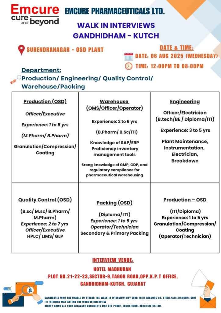 Emcure Pharmaceuticals Walk-In Interviews for Positions in Production, Engineering, Quality Control, Warehouse, and Packing on August 6, 2025