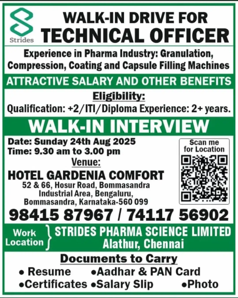 Strides Pharma Walk-In Drive for Production Operators on 24th August