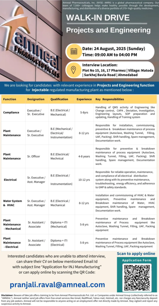 Amneal Pharma Walk-In Drive for Engineering Professionals on 24th August
