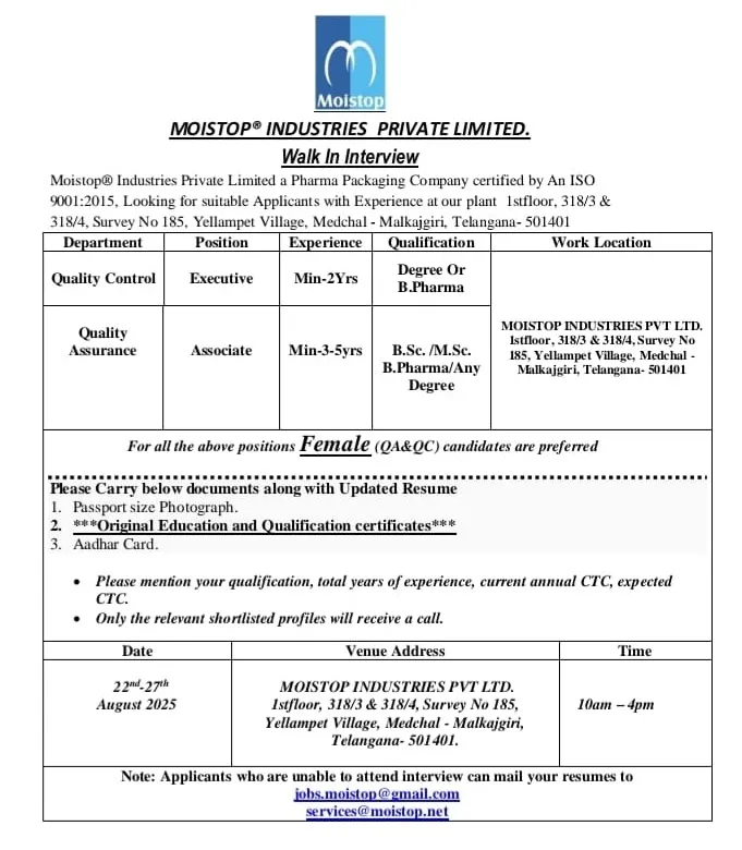 Walk-In Interviews @ Moistop Industries - Hiring for QA & QC Roles in Hyderabad