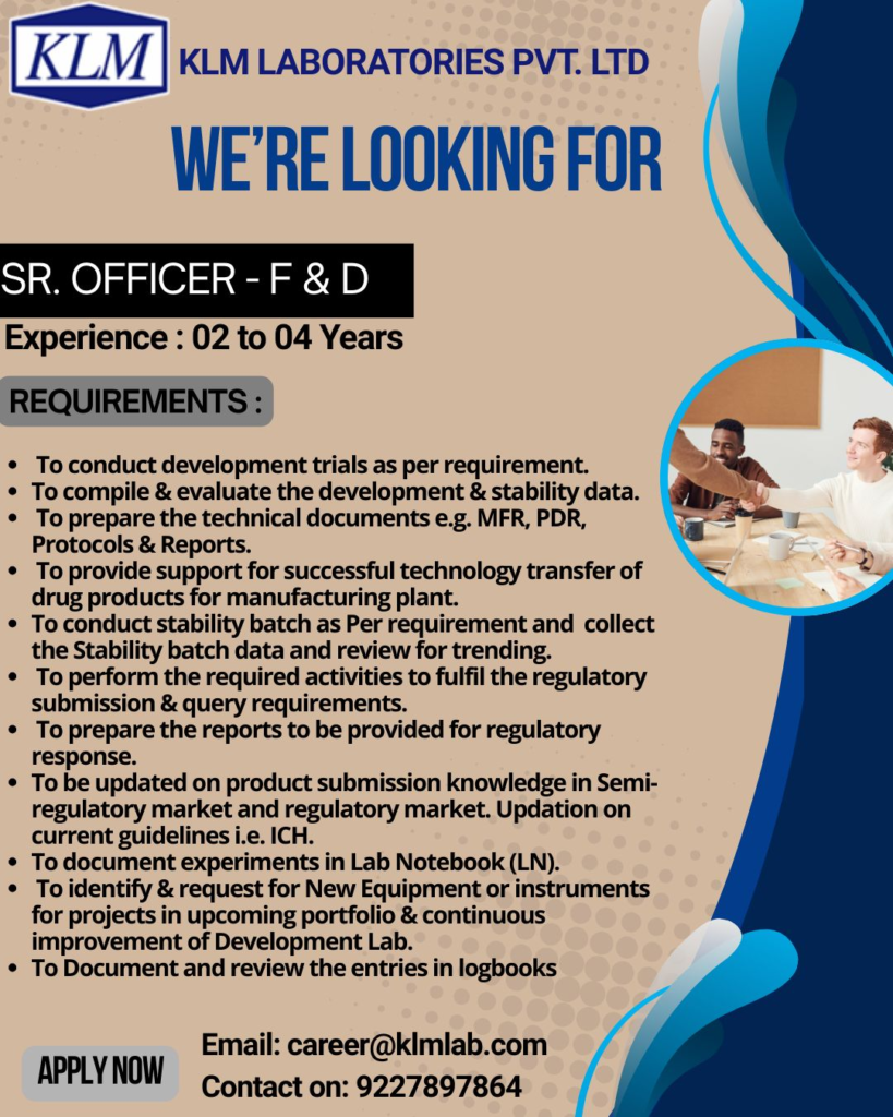 KLM Laboratories Hiring for Senior Officer - Formulation & Development