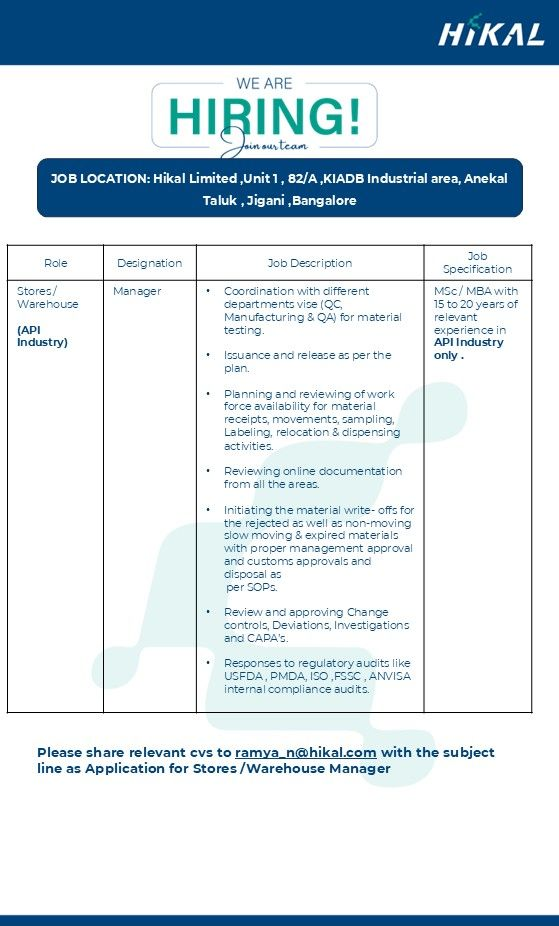 Hikal Limited Hiring for Manager - Stores & Warehouse Departments