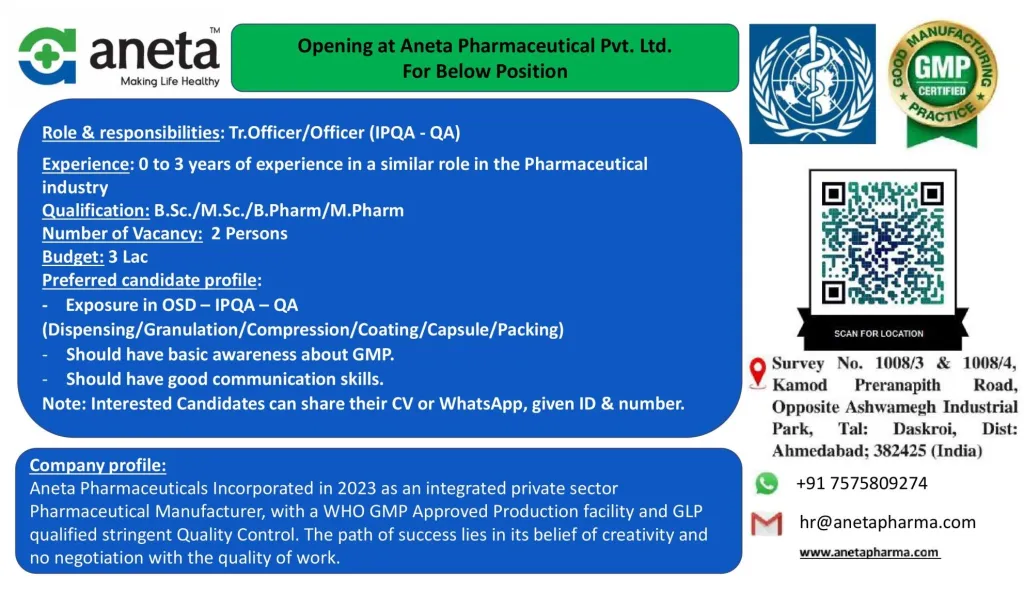 Aneta Pharmaceutical Job Opening for Trainee Officer/Officer (IPQA - QA)