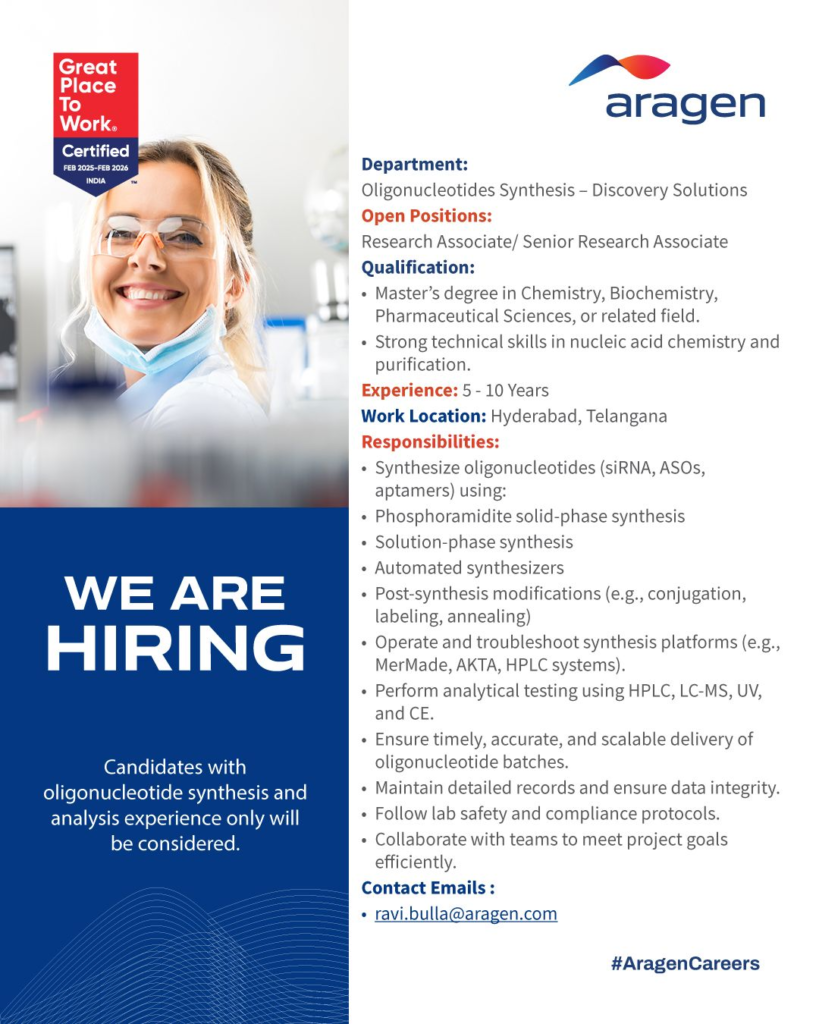 Aragen Hiring for Oligonucleotide Synthesis Division