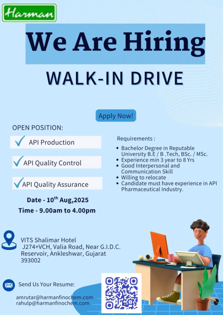 Harman Finochem Walk-In Interview for API Production, Quality Control, and Quality Assurance Roles on 10th August