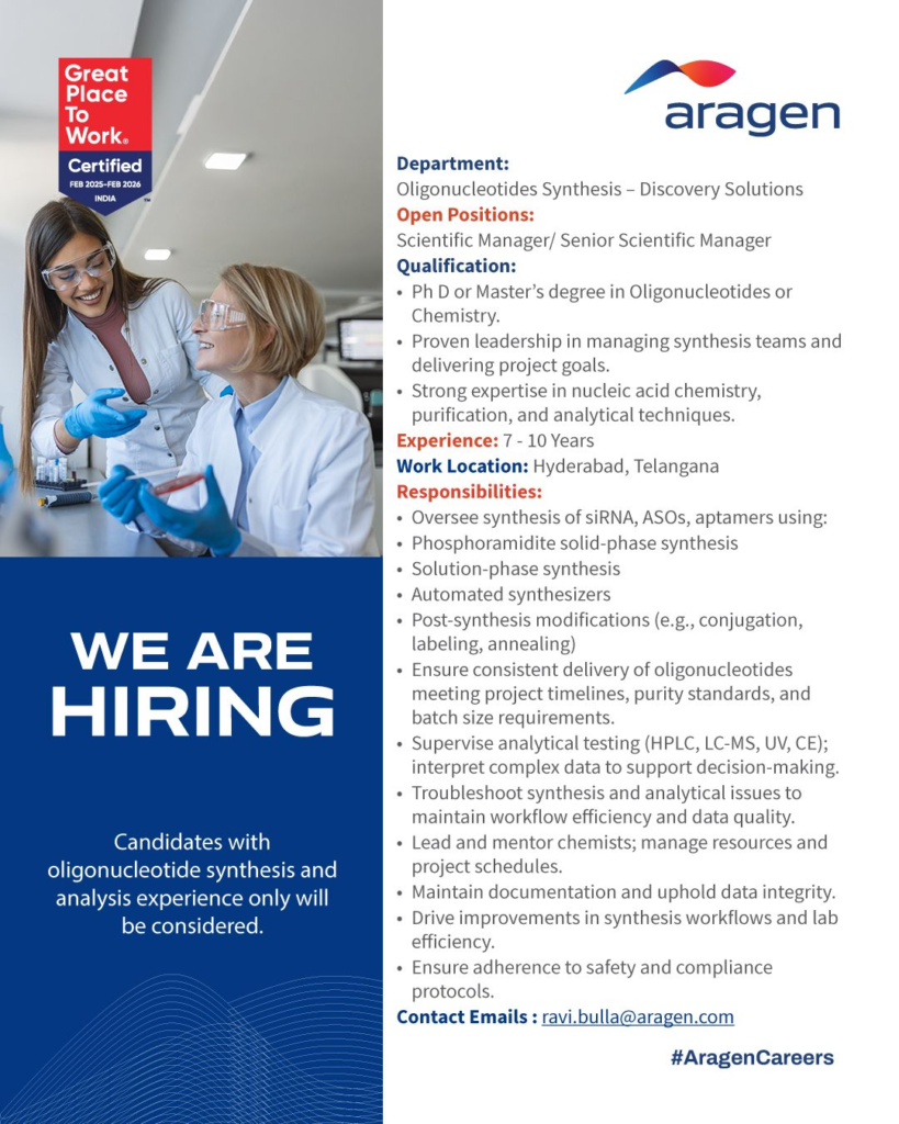 Aragen Hiring for Oligonucleotide Synthesis Division