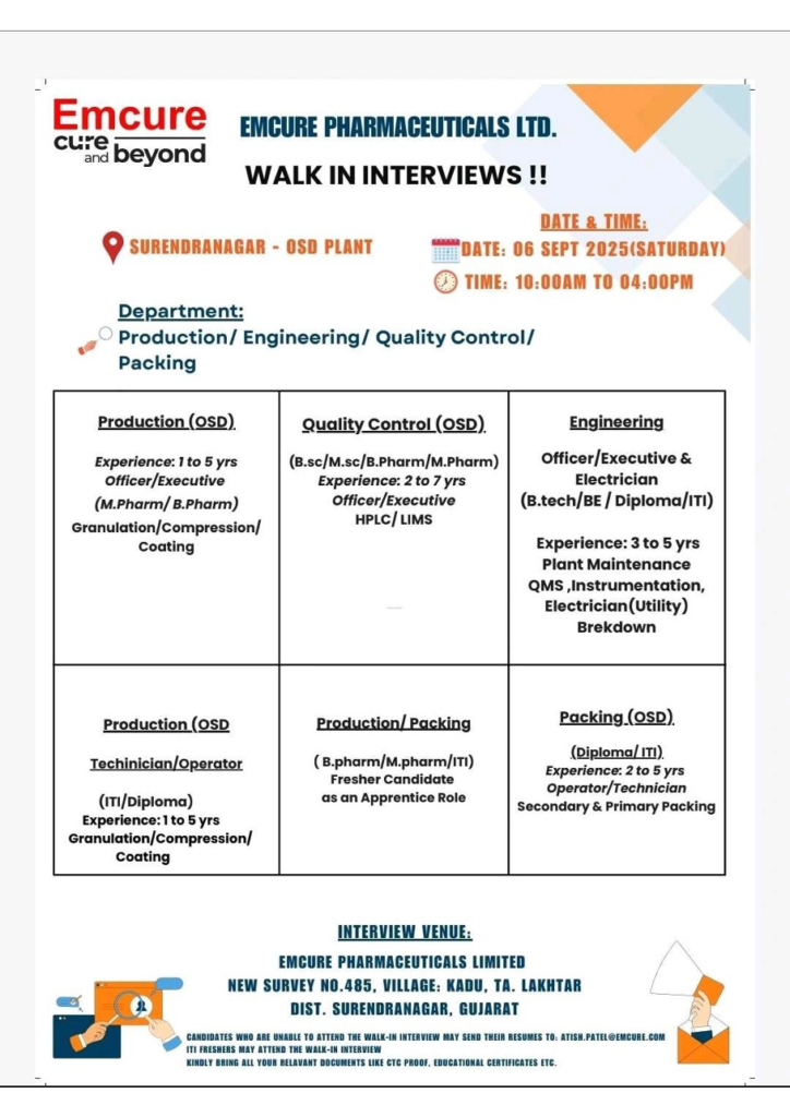 Emcure Pharmaceuticals Walk-in Interview for ITI, Diploma, B.Sc, M.Sc, B.Pharm, M.Pharm Candidates in Production, Engineering, Packing, Quality Control on 06th September 2025 (Saturday)