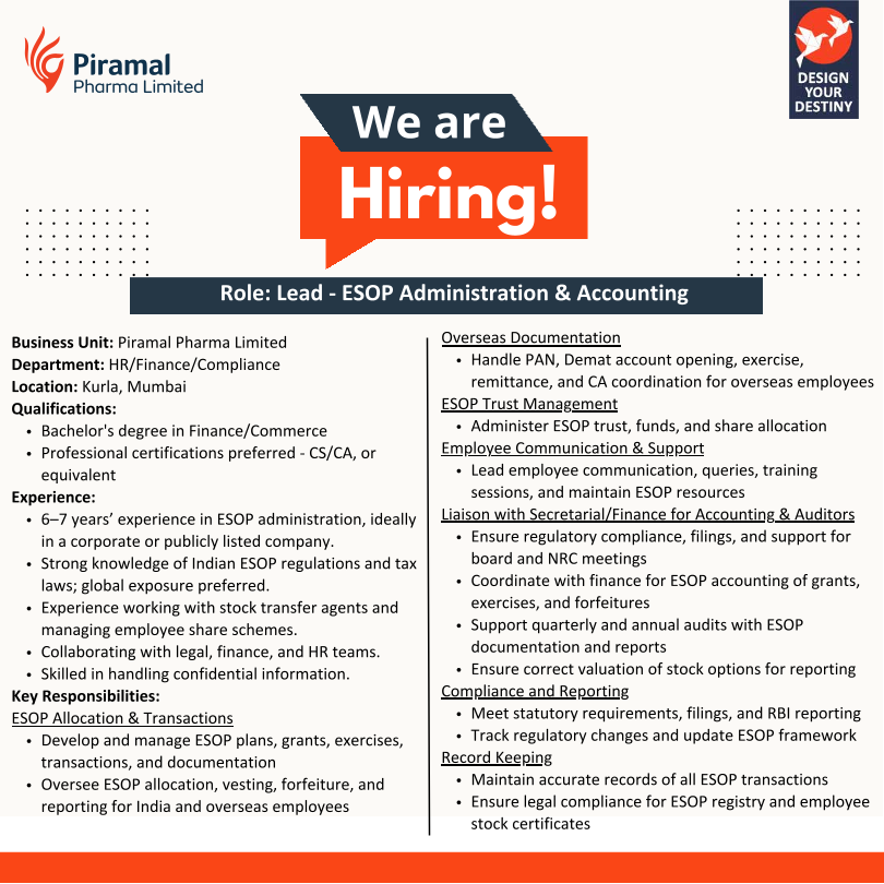 Piramal Pharma Limited is Hiring for Deputy Manager – ESOP Administration in Mumbai!