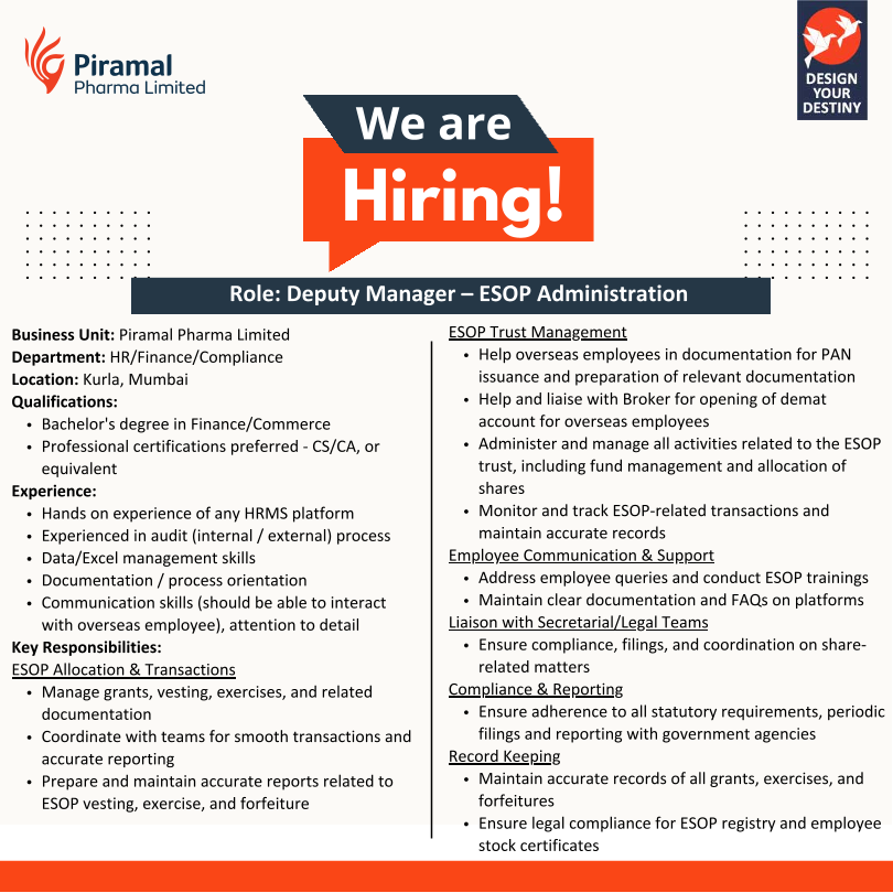 Piramal Pharma Limited is Hiring for Deputy Manager – ESOP Administration in Mumbai!