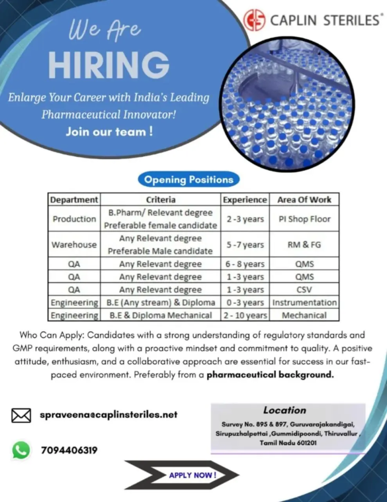 Caplin Steriles is Hiring Across Multiple Departments (0-10 Years Exp)