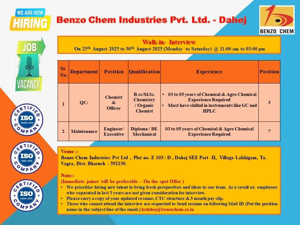 Walk-in Drive @ Benzo Chem Industries - Hiring for Quality Control & Maintenance Departments Roles from 25th to 30th August