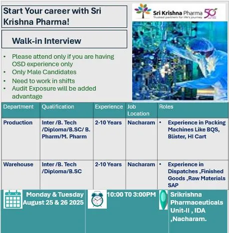 Sri Krishna Pharma Walk-In Interviews for Inter / B.Tech / Diploma / B.Sc / B.Pharm / M.Pharm in OSD Professionals on 25th & 26th August