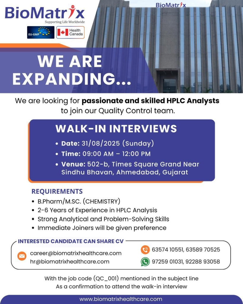Biomatrix Healthcare Walk-In Interviews for HPLC Analysts in QC Team! (31st August)