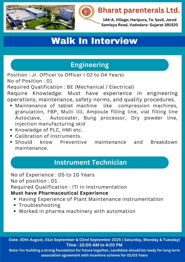 Bharat Parenterals Ltd - Major Walk-In Drive Multiple Opportunities Across Departments | Freshers & Experienced
