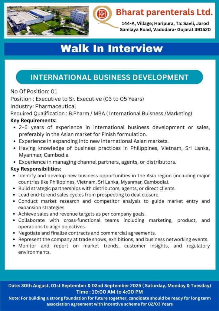 Bharat Parenterals Ltd - Major Walk-In Drive Multiple Opportunities Across Departments | Freshers & Experienced