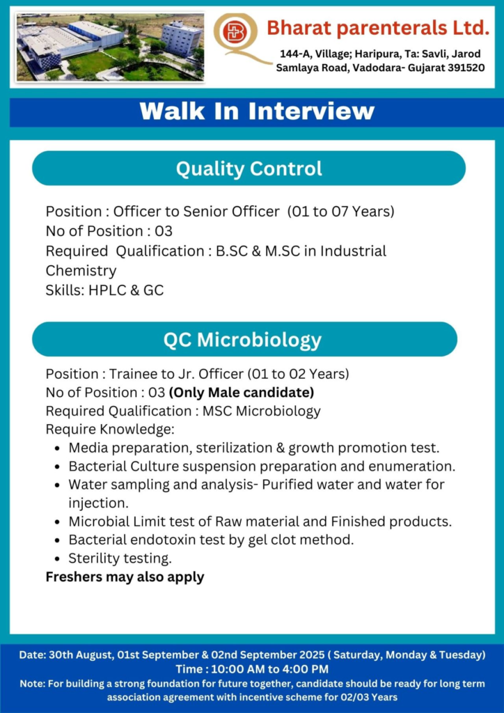 Bharat Parenterals Ltd - Major Walk-In Drive Multiple Opportunities Across Departments | Freshers & Experienced