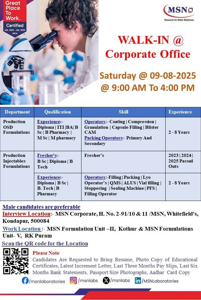 MSN Laboratories Walk-In Interview 2025 for Diploma, ITI, BA, B.Sc, B.Pharmacy, M.Sc, M.Pharmacy on 9th August