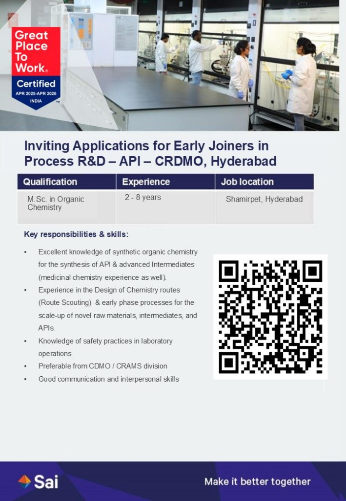 Sai Life Sciences Inviting Applications for Early Joiners in Process R&D – API (CRDMO)