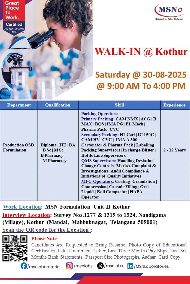 MSN Laboratories Walk-In Drive – Production, Packing & QMS Roles (OSD Formulation) on 30th August