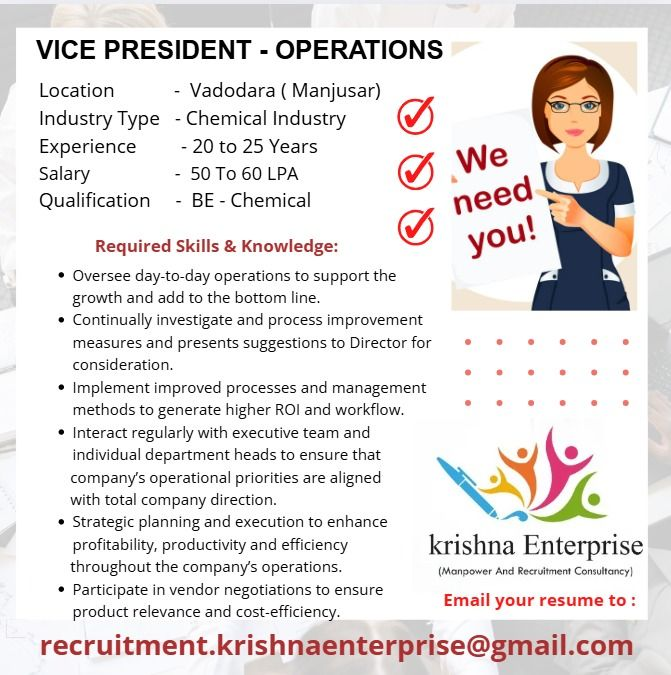 Krishna Enterprise Hiring for Vice President – Operations Job Vacancy | Chemical Industry | Vadodara