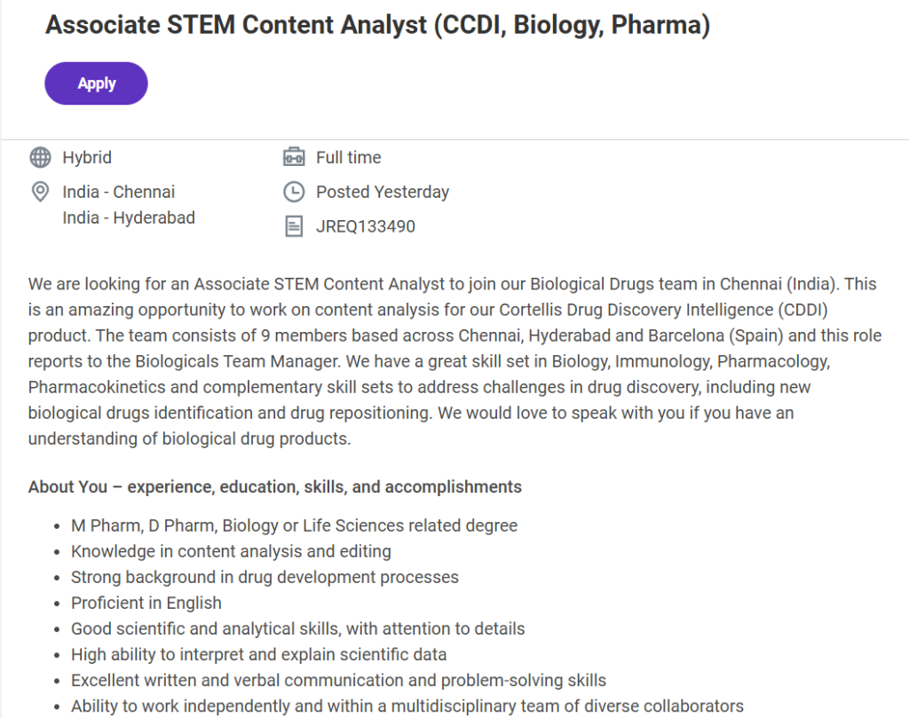 Clarivate Hiring – Associate STEM Content Analyst (Biology, Pharma)